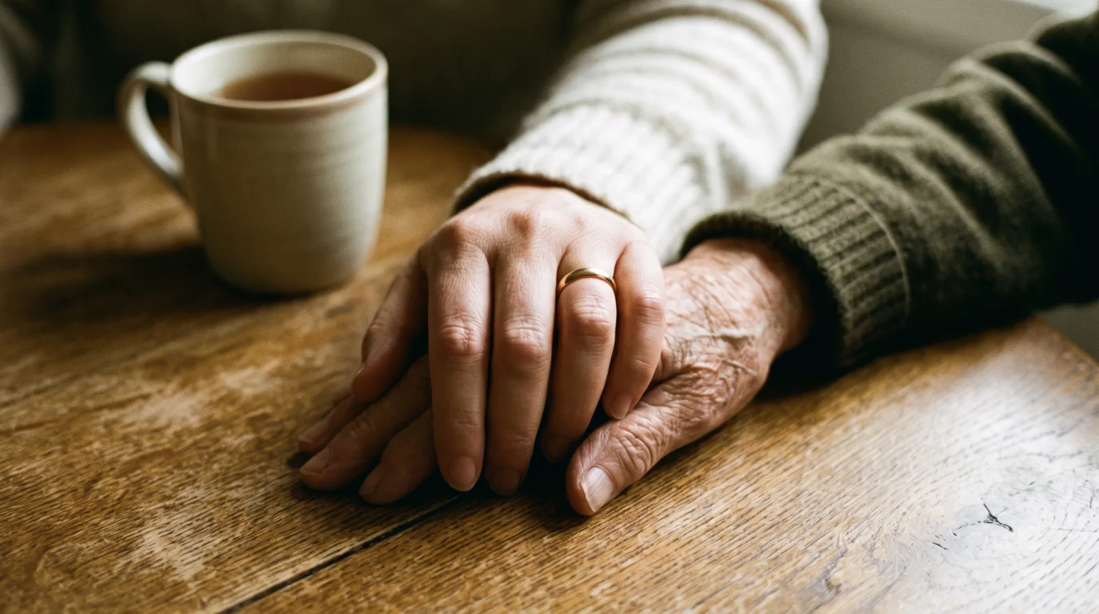 KI-generiertes Bild: Die Hand einer Tochter liegt auf der Hand ihrer alten Mutter auf einem Holztisch, daneben eine Tasse Tee.