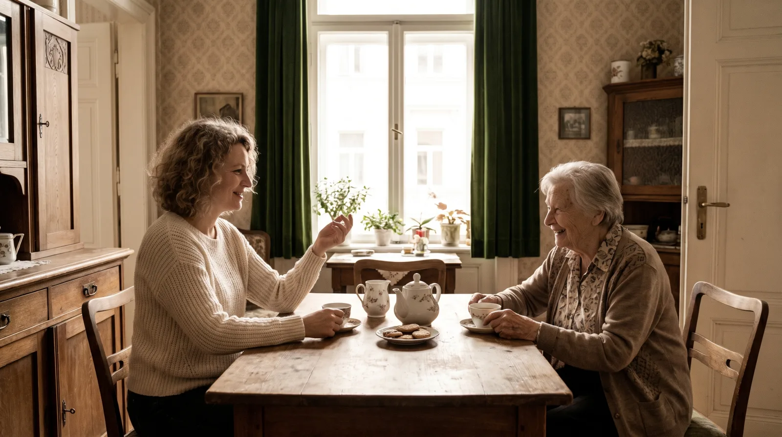 KI-generiertes Bild: Eine Betreuerin und eine ältere Frau sitzen am Küchentisch, trinken Tee und unterhalten sich, beide entspannt.