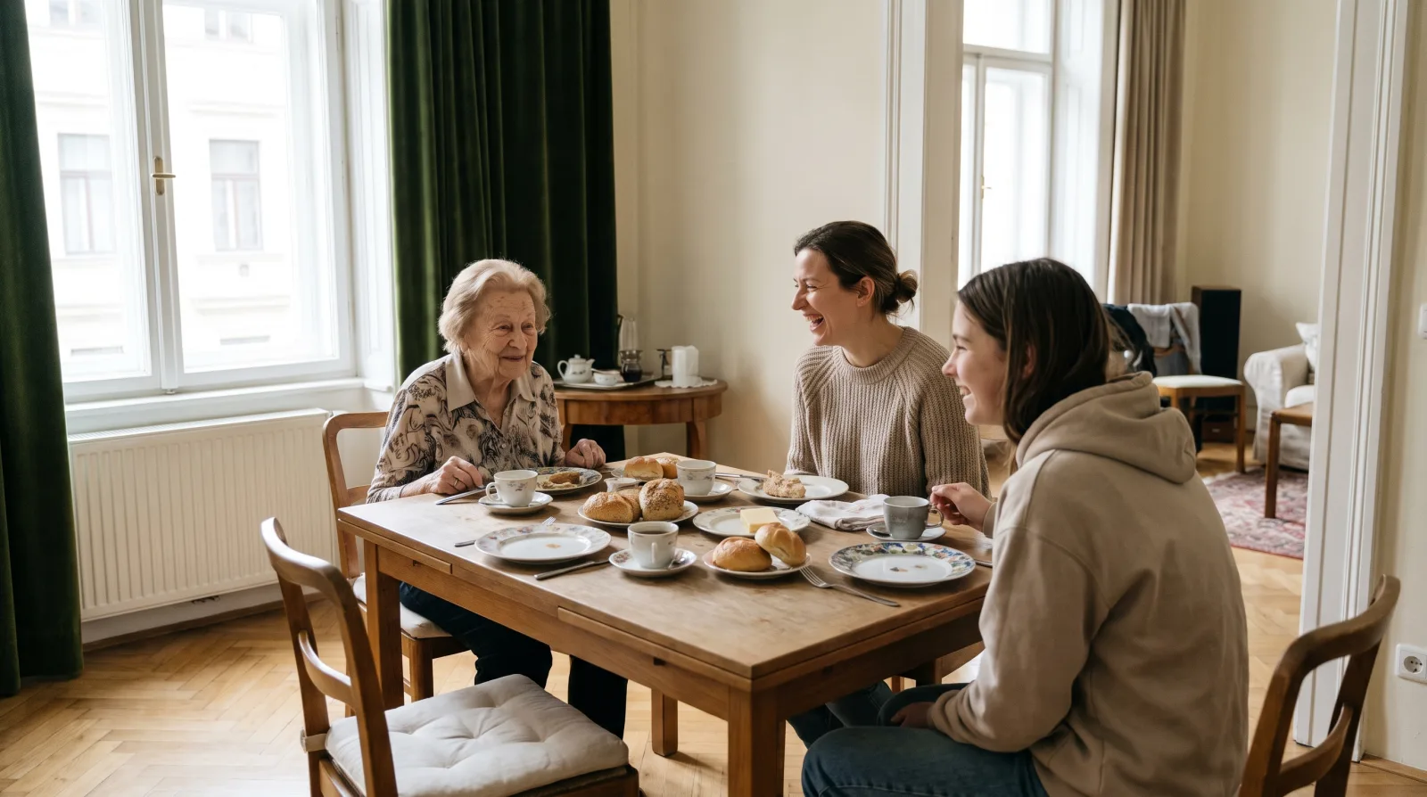 KI-generiertes Bild: Drei Generationen beim Sonntagsessen am Küchentisch einer hellen Altbauwohnung: Großmutter, Tochter und Enkelin lachen zusammen.