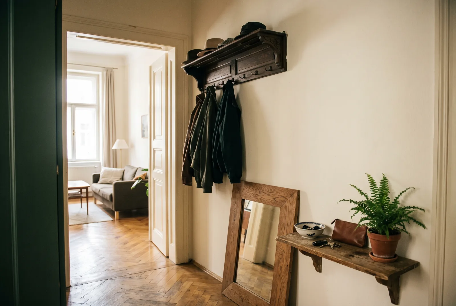 KI-generiertes Bild: Das helle Vorzimmer einer Altbauwohnung mit Garderobe, Spiegel, einer kleinen Ablage und Blick ins Wohnzimmer.