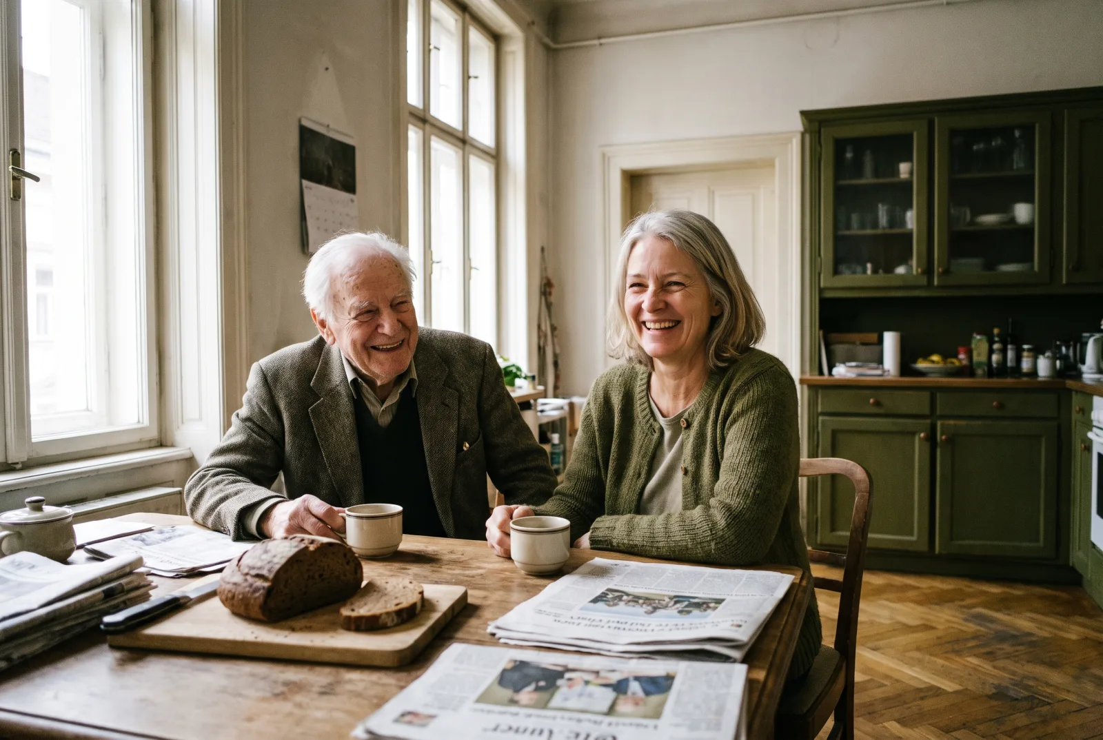 KI-generiertes Bild: Ein älterer Mann und seine erwachsene Tochter lachen zusammen am Küchentisch, vor ihnen Kaffee und Brot.