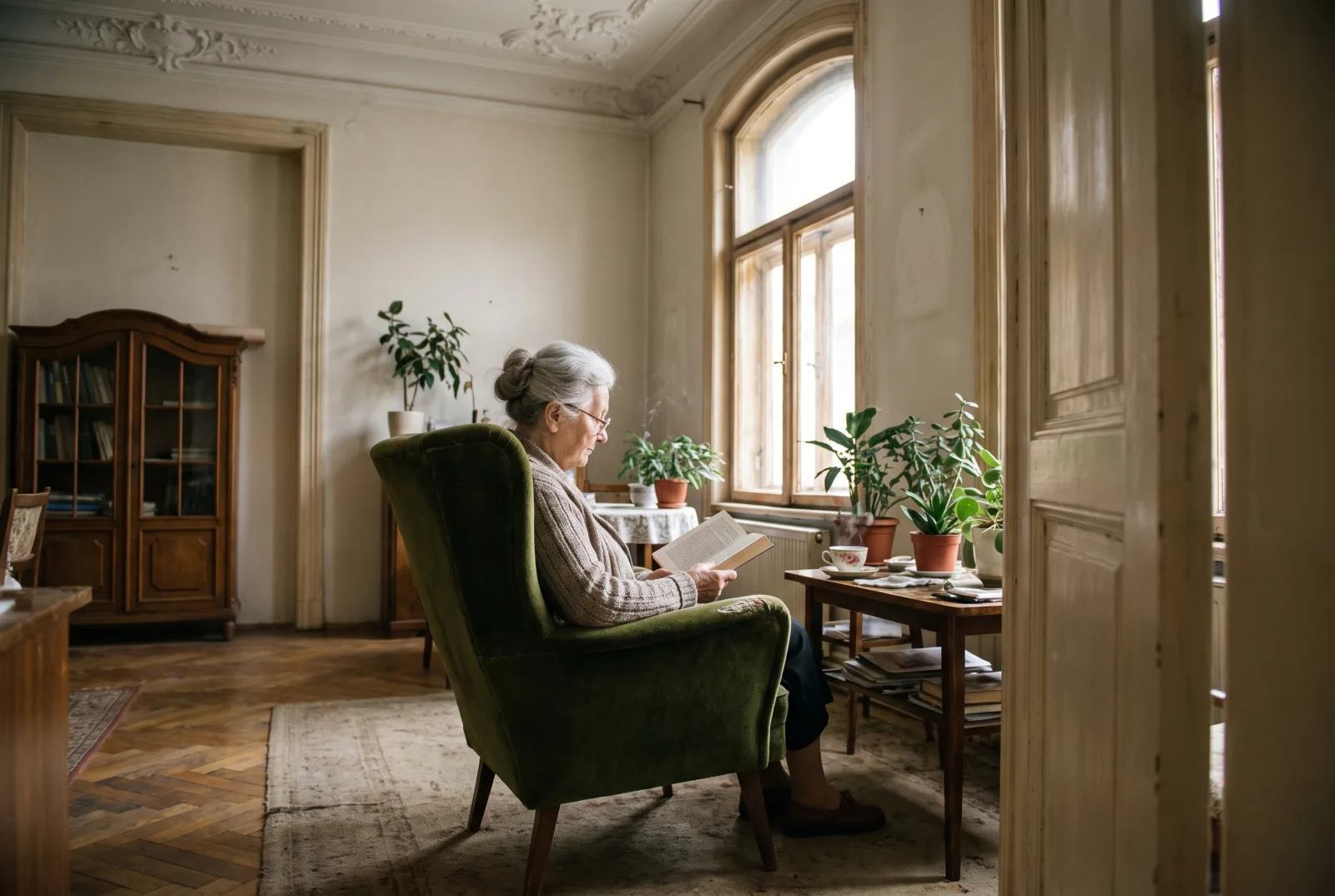 KI-generiertes Bild: Eine ältere Frau liest in einem grünen Sessel am Fenster ihrer Altbauwohnung, neben ihr eine Tasse Tee.