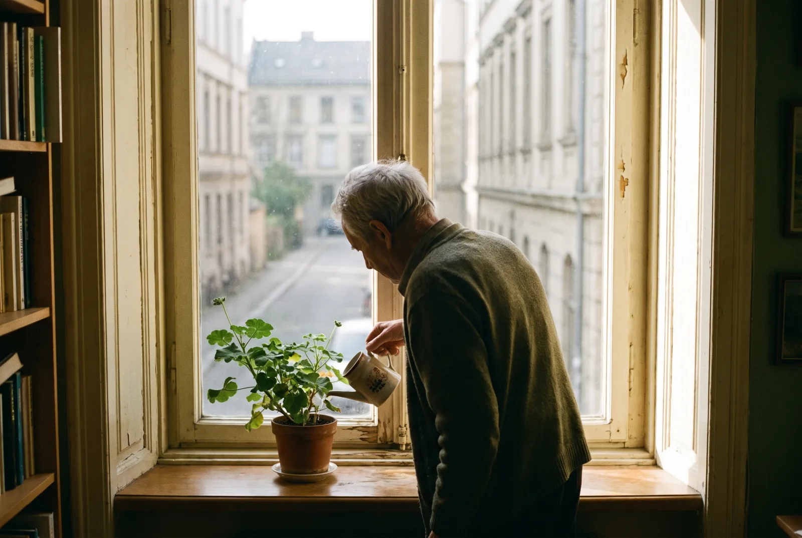 KI-generiertes Bild: Ein älterer Mann gießt eine Pflanze am Fenster seiner hellen Altbauwohnung, von hinten gesehen im Morgenlicht.